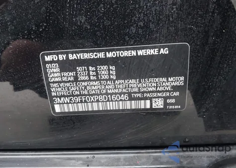2023 BMW 3 Series 330E from USA, damaged, VIN 3MW39FF0XP8D16046
